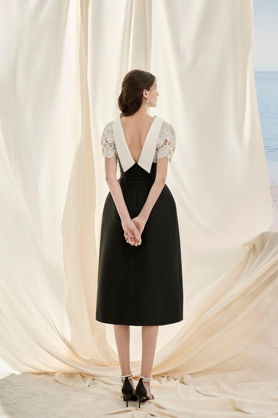 Sarah Florence Sheath Cape Shoulder Taffeta Midi Dress Midi Dress Rosee de Matin
