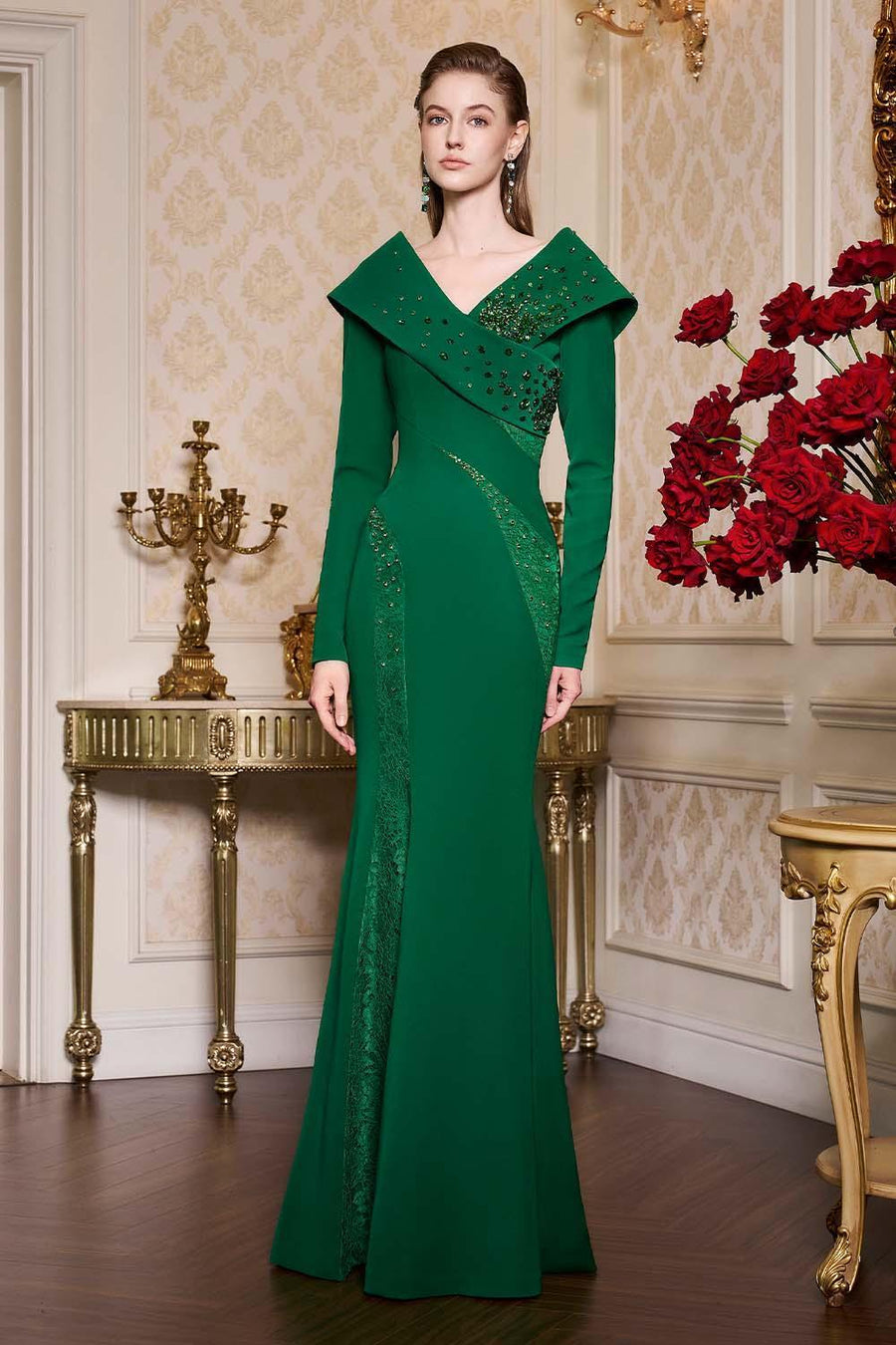 Scarlet Mermaid V-Neck Crepe Floor Length Dress Gown Dress I.H.F Atelier