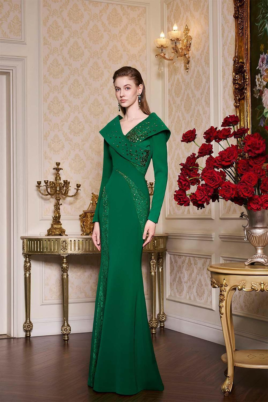 Scarlet Mermaid V-Neck Crepe Floor Length Dress Gown Dress I.H.F Atelier