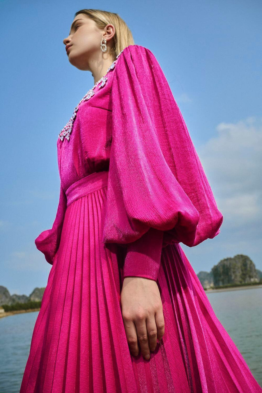 Scarlet Pleated Bishop Sleeved Silk Maxi Dress 2