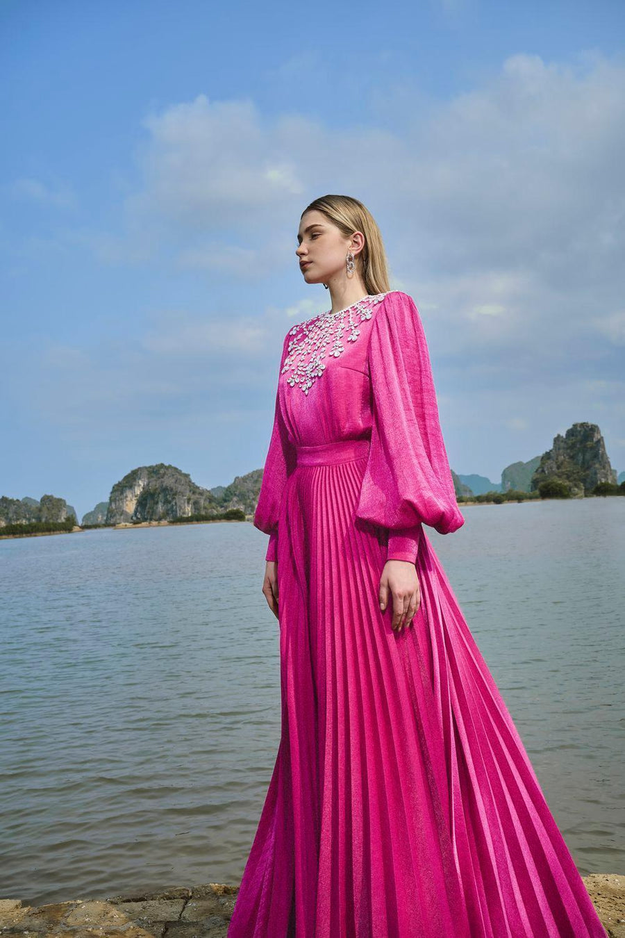 Scarlet Pleated Bishop Sleeved Silk Maxi Dress 6