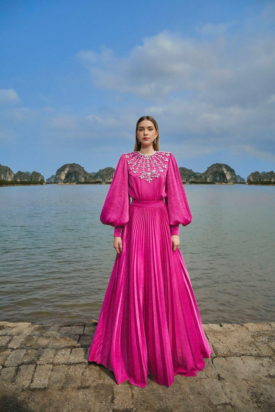 Scarlet Pleated Bishop Sleeved Silk Maxi Dress 8