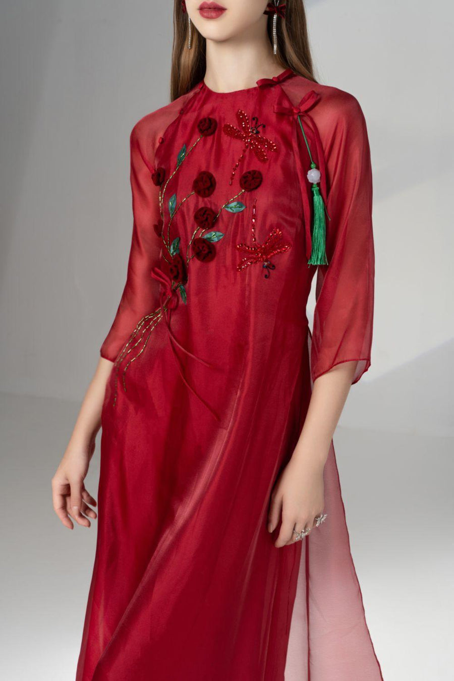 Scarlet Straight Round Neck Silk Organza Floor Length Ao Dai Set 2