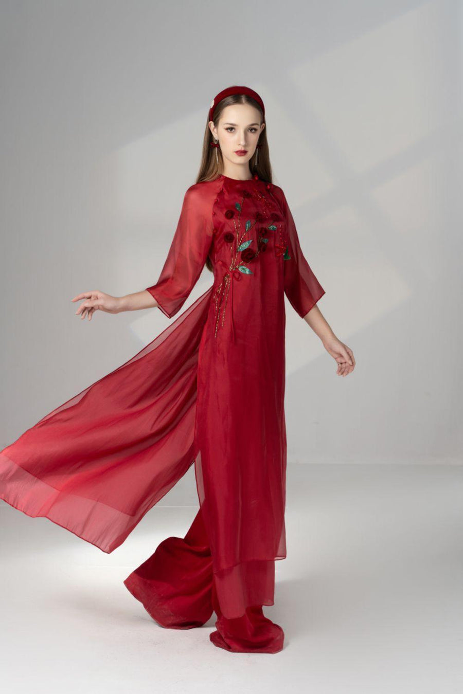 Scarlet Straight Round Neck Silk Organza Floor Length Ao Dai Set 3