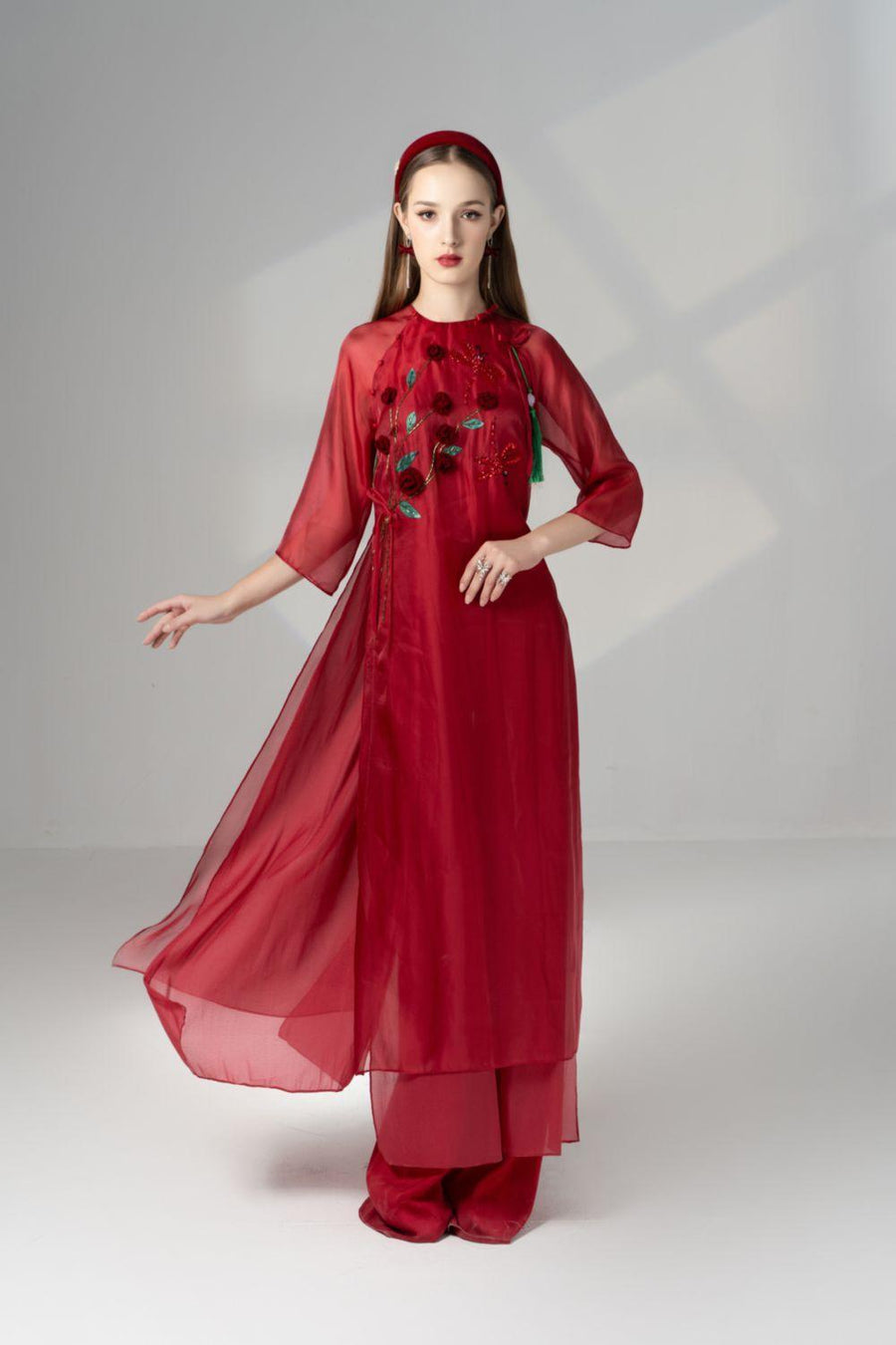 Scarlet Straight Round Neck Silk Organza Floor Length Ao Dai Set 4