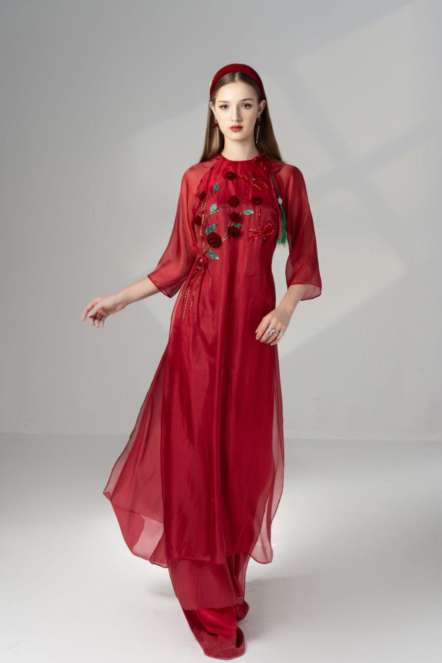 Scarlet Straight Round Neck Silk Organza Floor Length Ao Dai Set 5