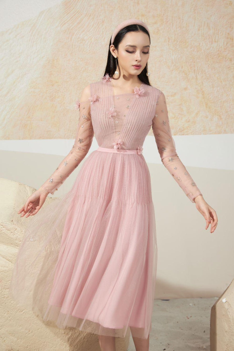 Schwim Gathered Long Sleeved Mesh Sheer Midi Dress 6
