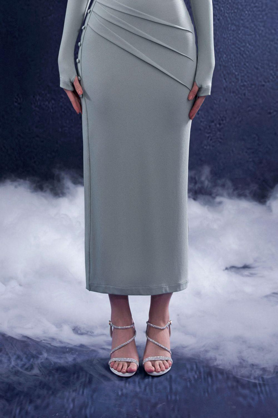 Sculpta Sheath Slit Hem Wool Midi Dress Midi Dress Rosee de Matin