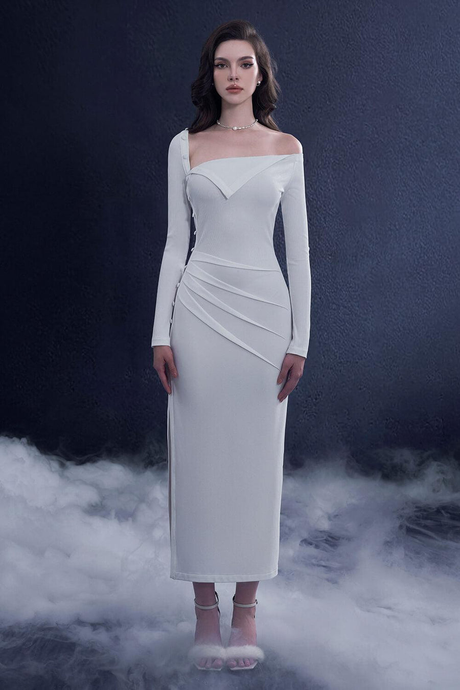 Sculpta Sheath Slit Hem Wool Midi Dress Midi Dress Rosee de Matin