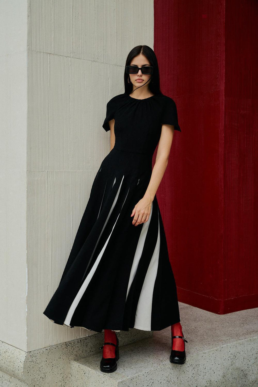 Selina Gored Round Neck Poly Silk Midi Dress 10