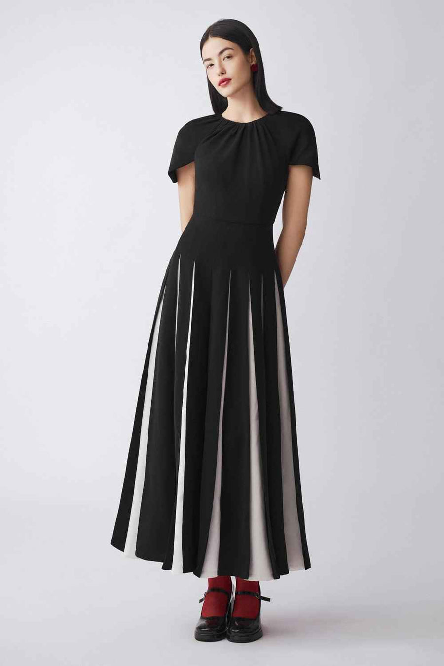 Selina Gored Round Neck Poly Silk Midi Dress