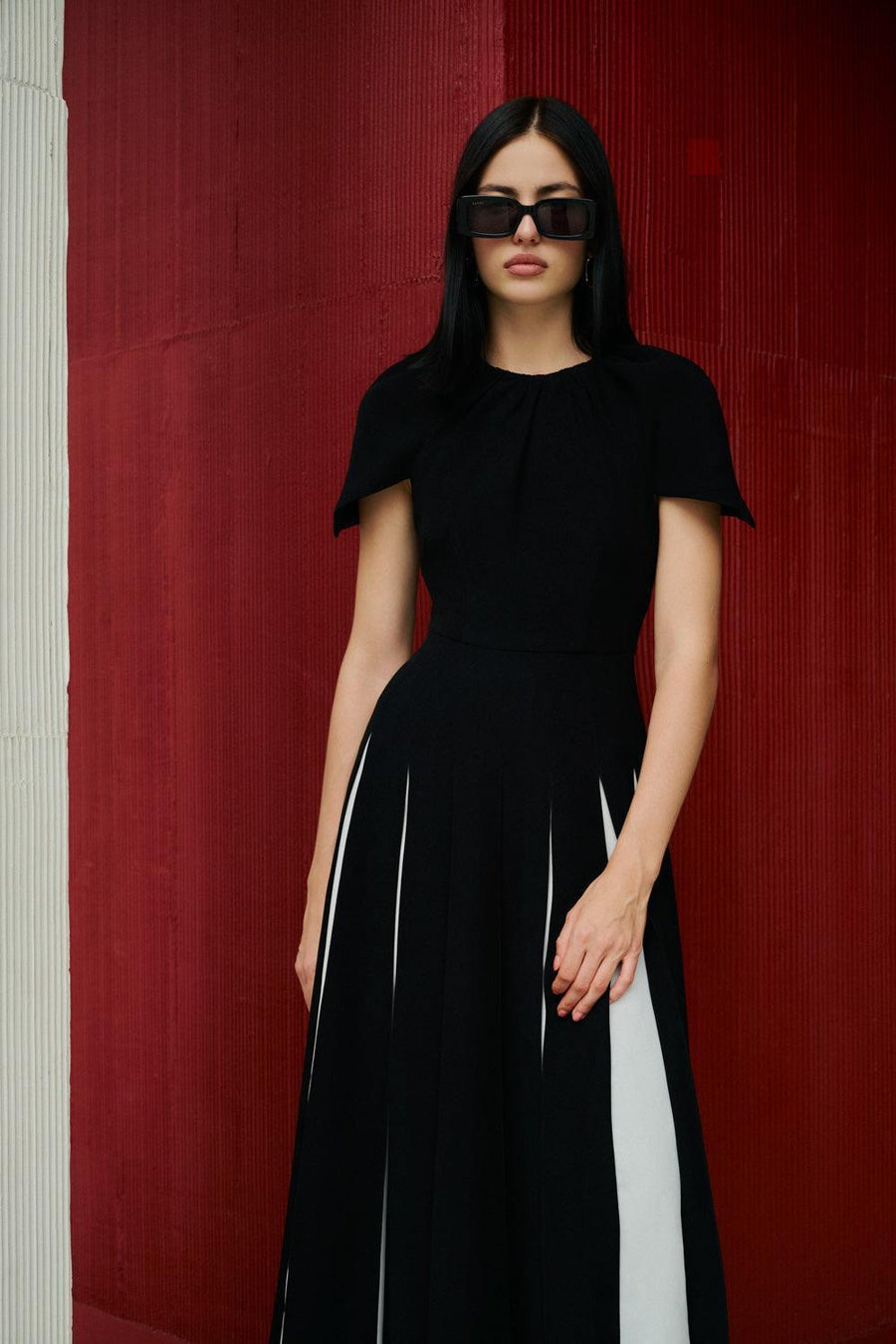 Selina Gored Round Neck Poly Silk Midi Dress 6