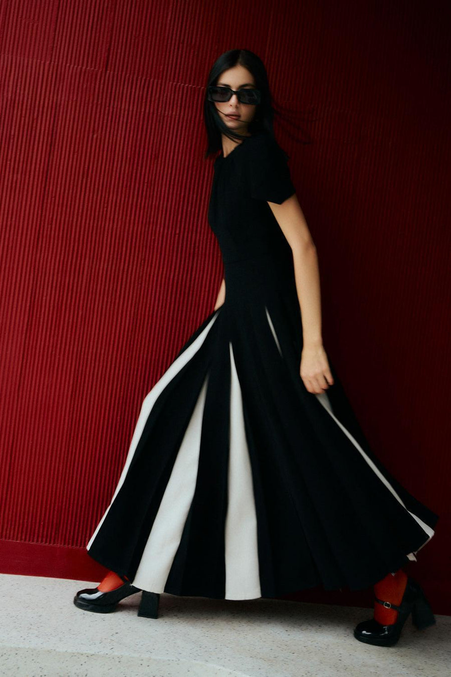 Selina Gored Round Neck Poly Silk Midi Dress 9