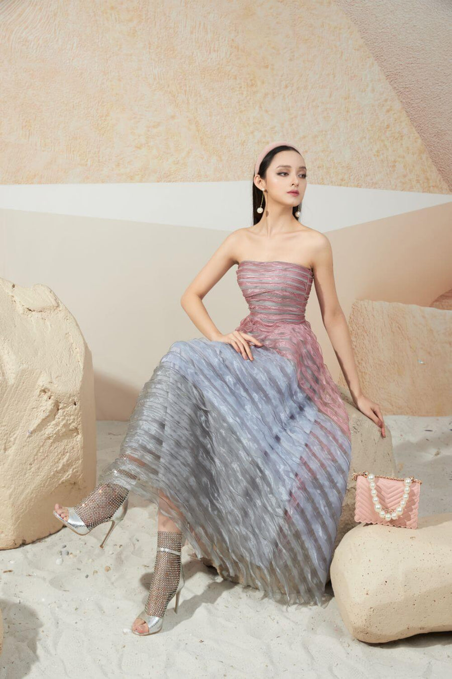 Selleck Strapless Straight Across Neck Mesh Sheer Midi Dress 4