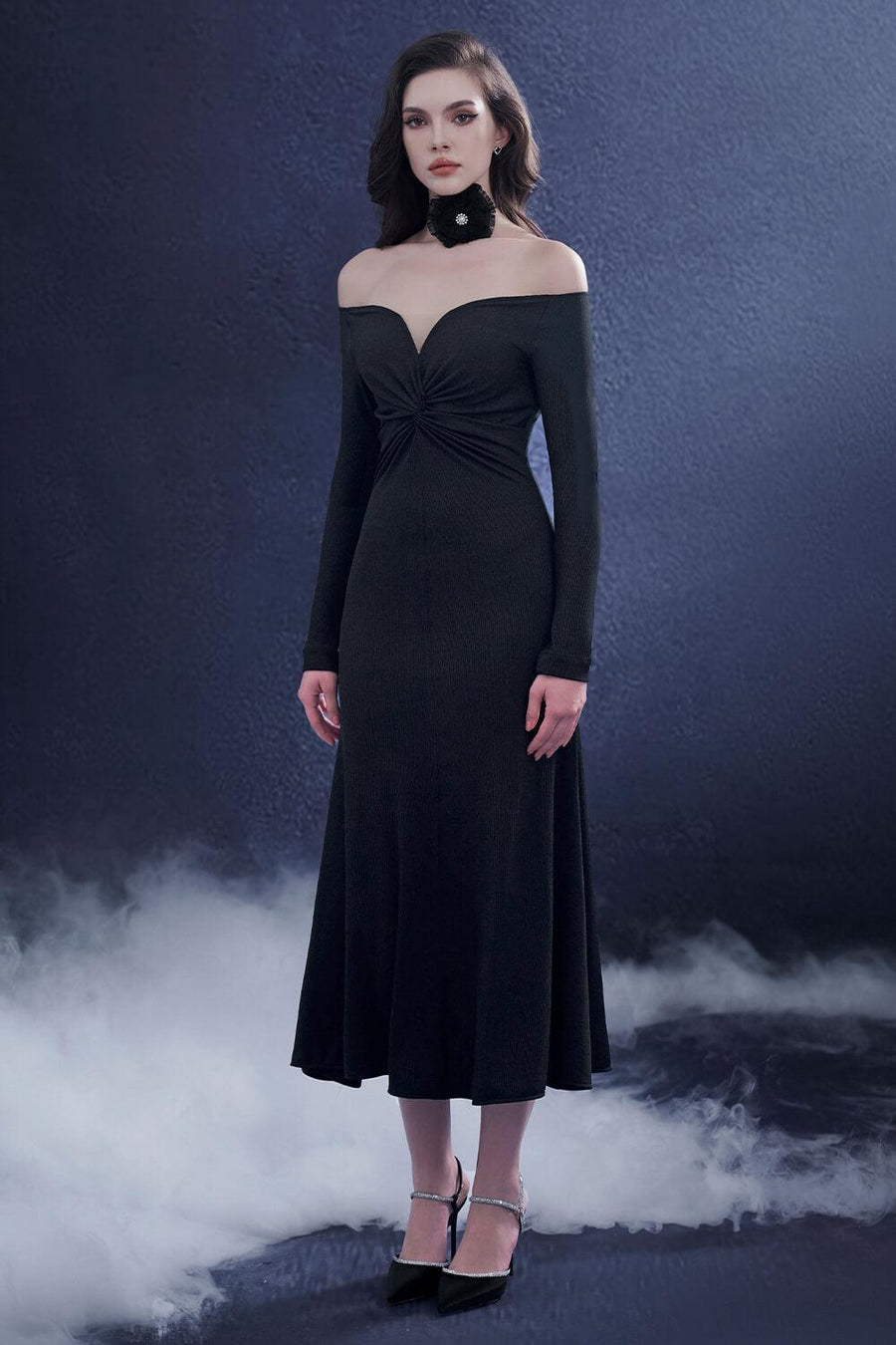 Serenara Trumpet Off-Shoulder Wool Midi Dress Midi Dress Rosee de Matin