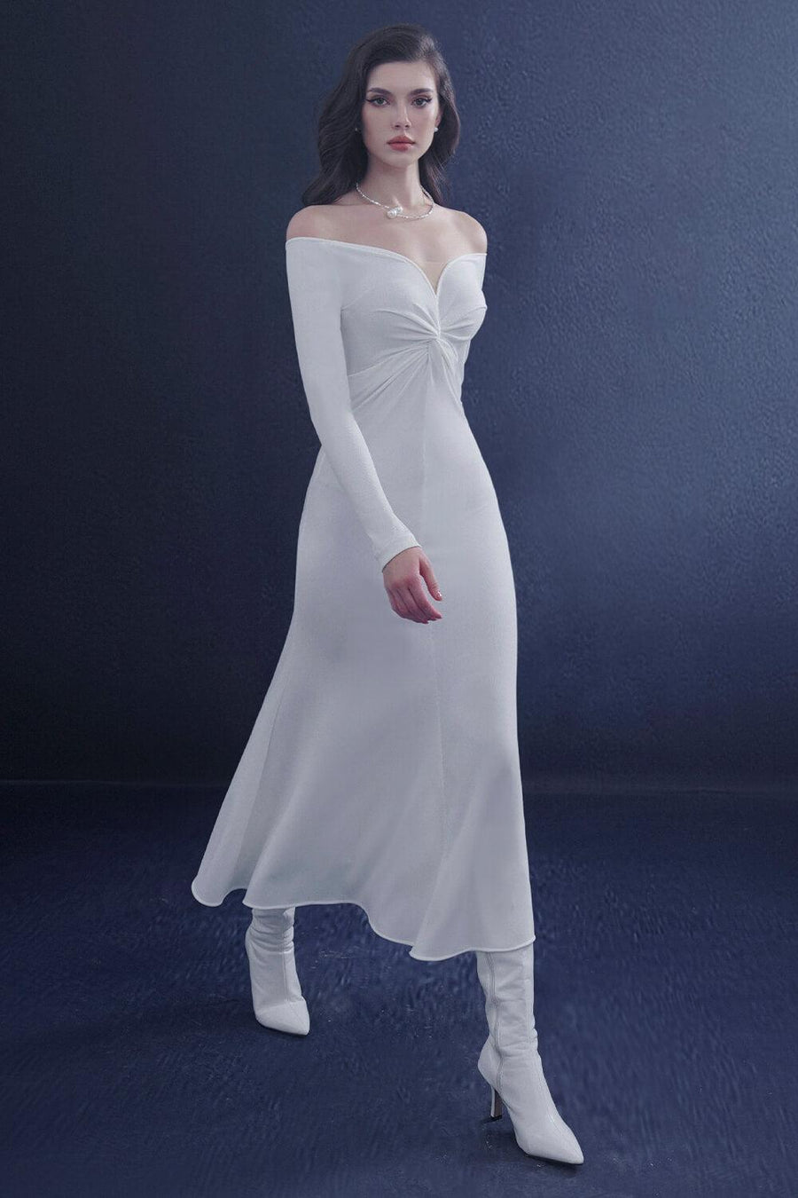 Serenara Trumpet Off-Shoulder Wool Midi Dress White Midi Dress Rosee de Matin