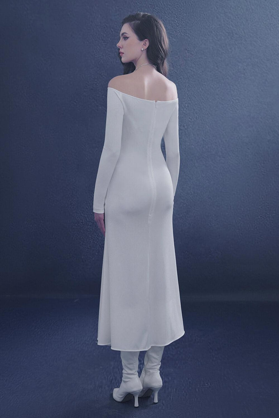 Serenara Trumpet Off-Shoulder Wool Midi Dress Midi Dress Rosee de Matin