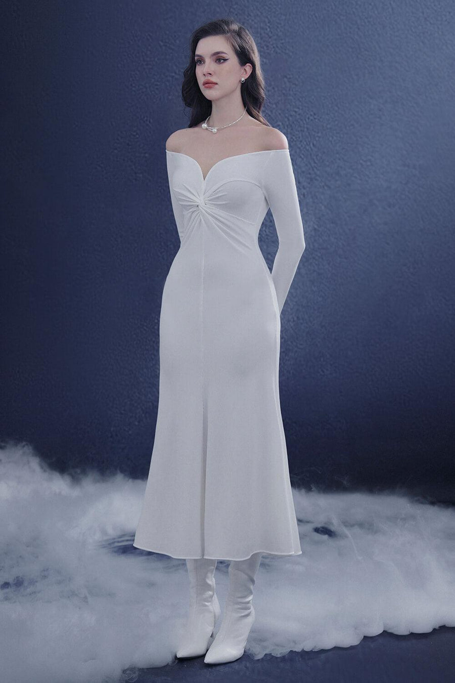 Serenara Trumpet Off-Shoulder Wool Midi Dress Midi Dress Rosee de Matin