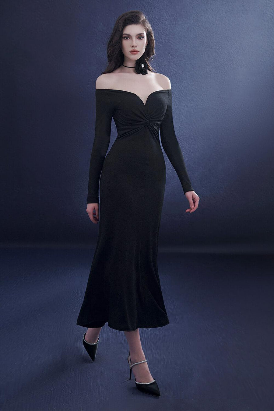 Serenara Trumpet Off-Shoulder Wool Midi Dress Midi Dress Rosee de Matin