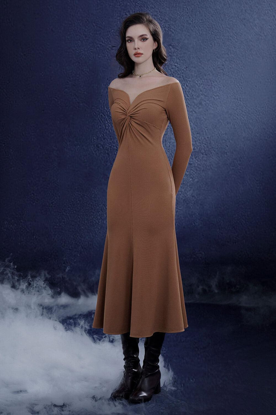 Serenara Trumpet Off-Shoulder Wool Midi Dress Midi Dress Rosee de Matin