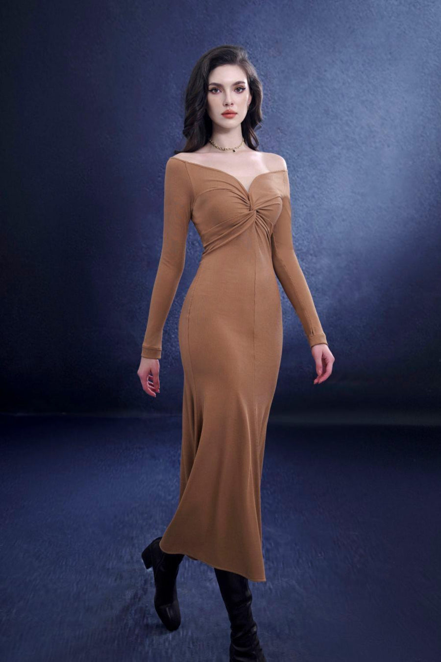 Serenara Trumpet Off-Shoulder Wool Midi Dress Midi Dress Rosee de Matin