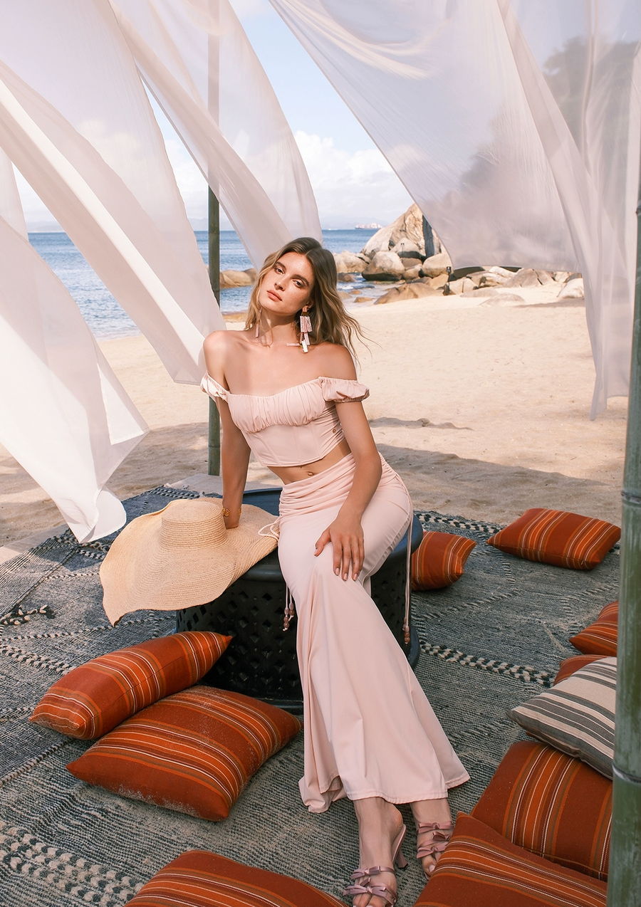 Selene One Shoulder Fishbone Top Drawn Fish Tail Half Skirt Vacation Style Set Set RESSALINA