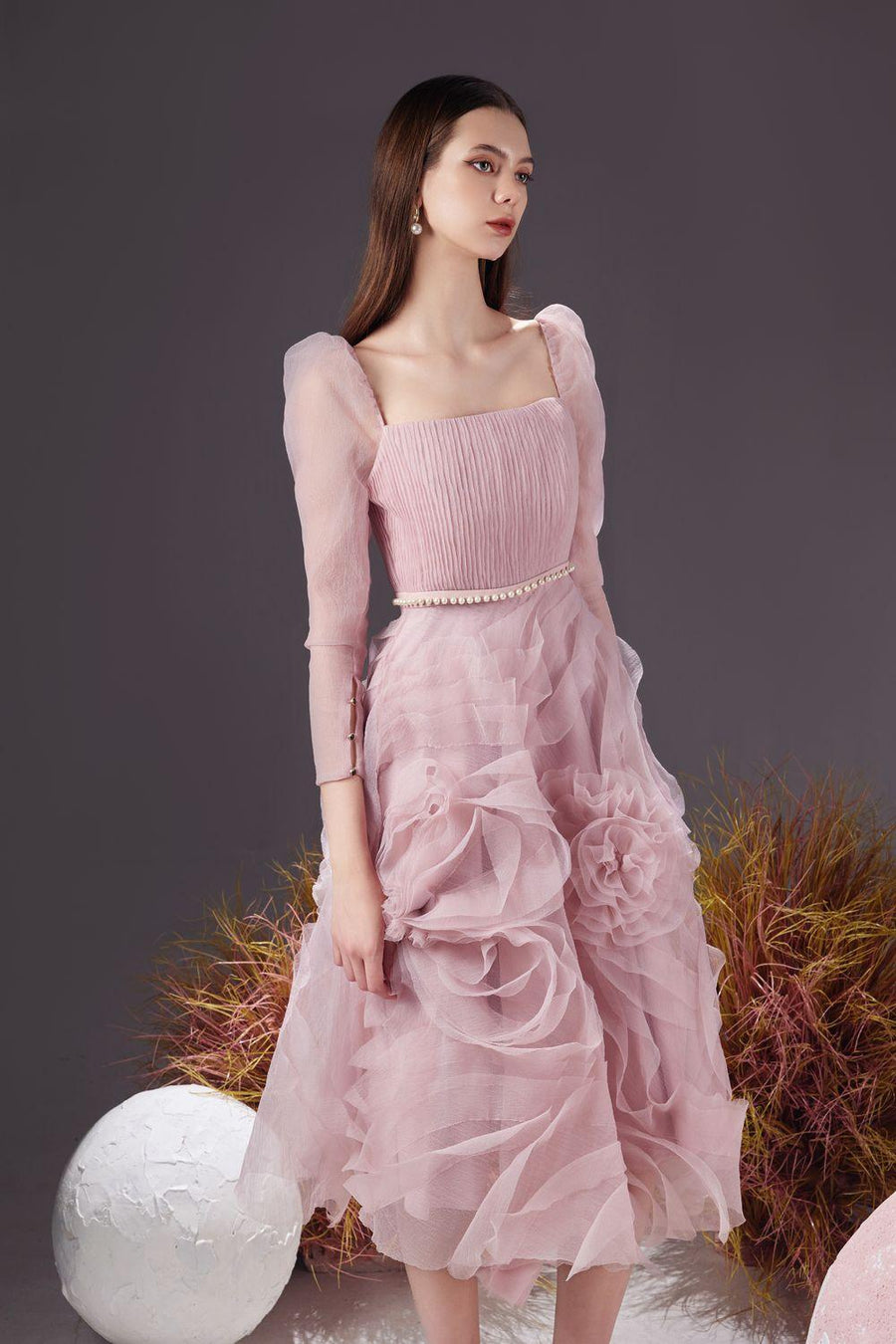 Sherman Fit and Flare Leg Of Mutton Sleeved Organza Knee-length Dress 3