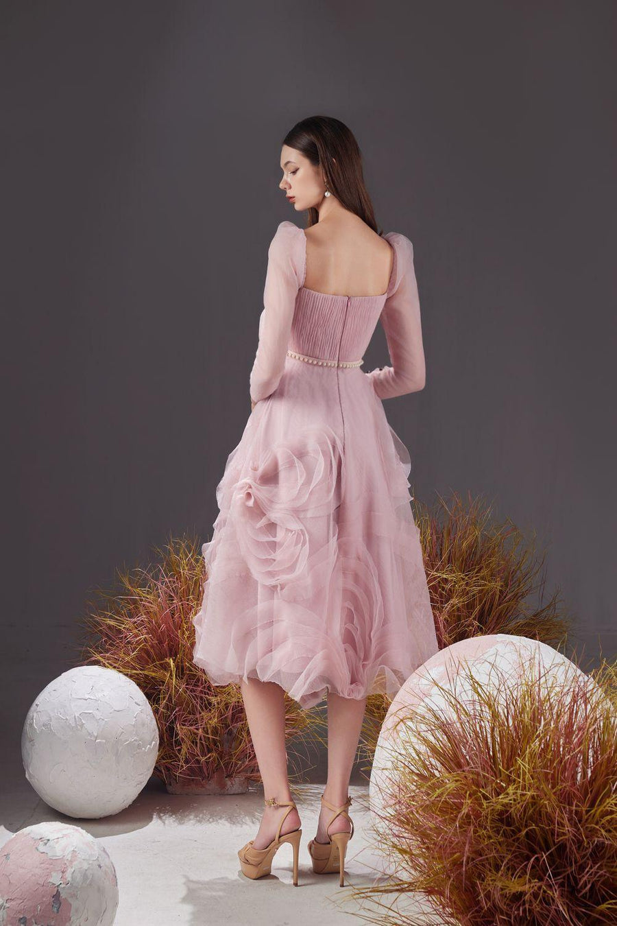 Sherman Fit and Flare Leg Of Mutton Sleeved Organza Knee-length Dress 4