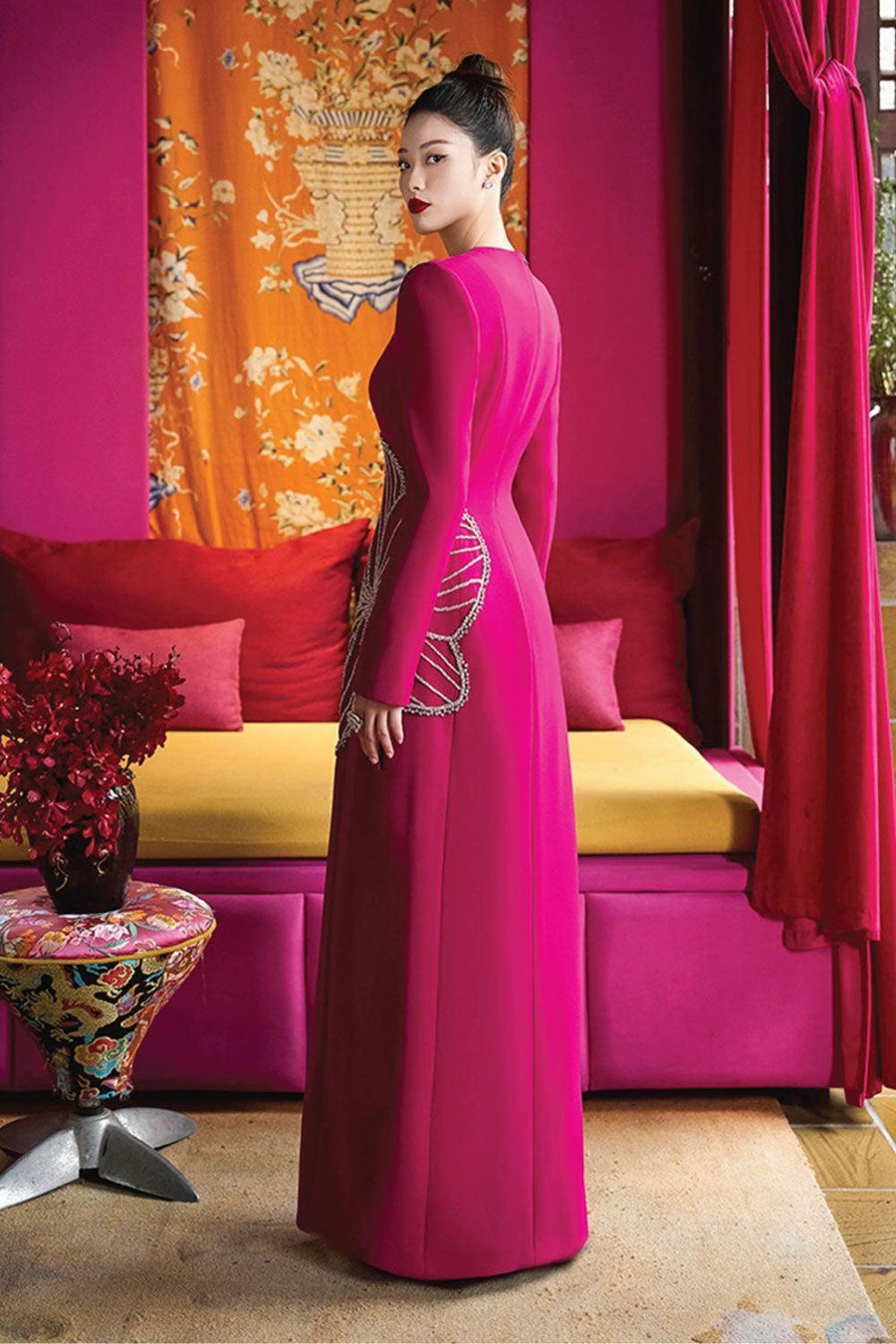 Shimmer A-line Round Neck Velvet Satin Maxi Dress 2