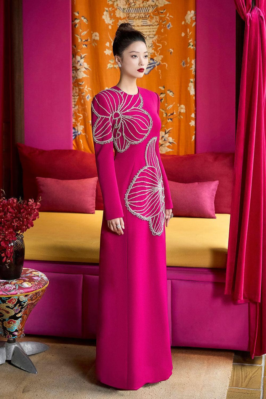 Shimmer A-line Round Neck Velvet Satin Maxi Dress 4