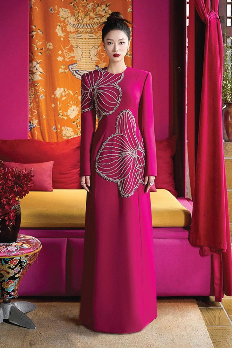 Shimmer A-line Round Neck Velvet Satin Maxi Dress 5