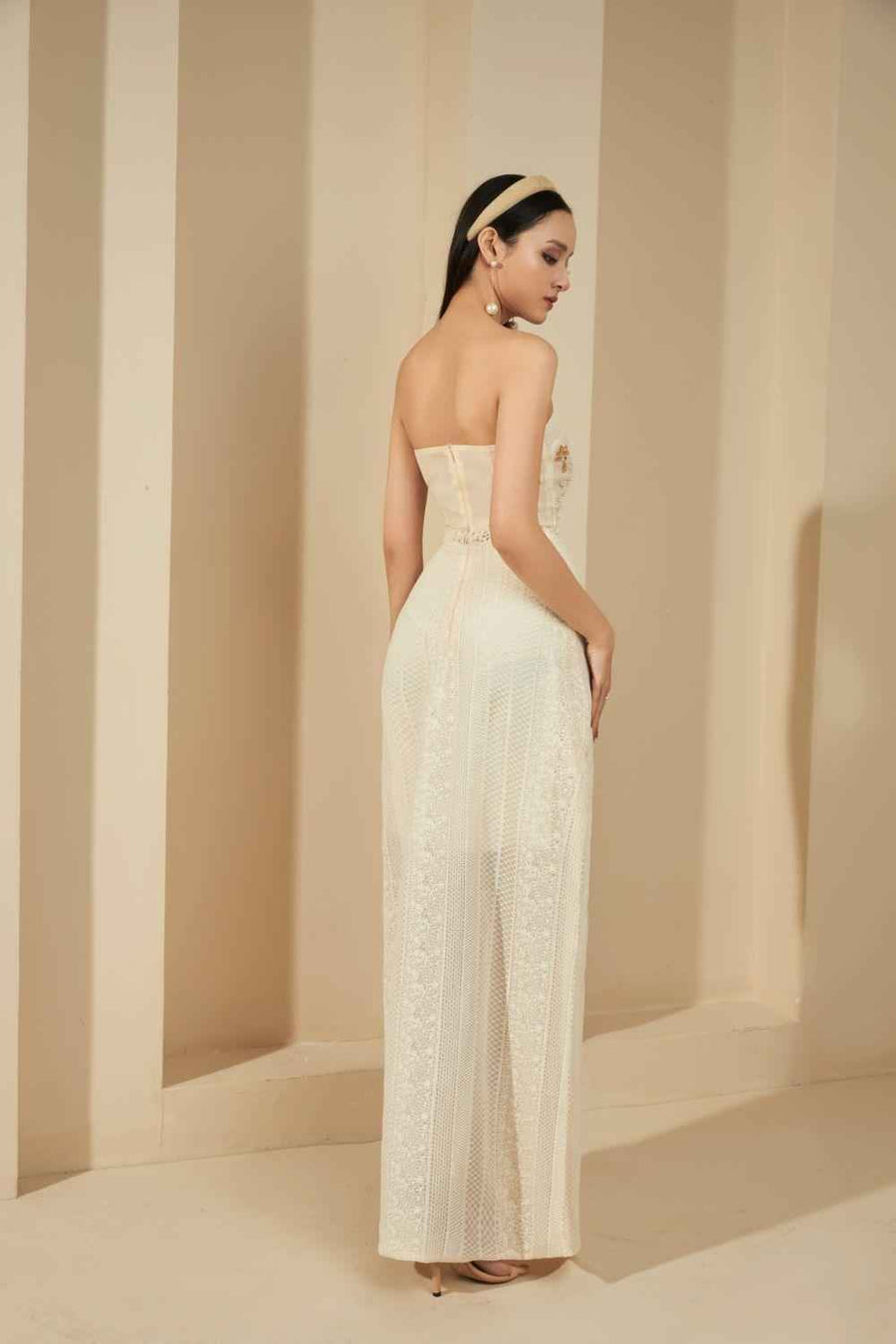 Sibbett Strapless See-Through Lace Maxi Dress