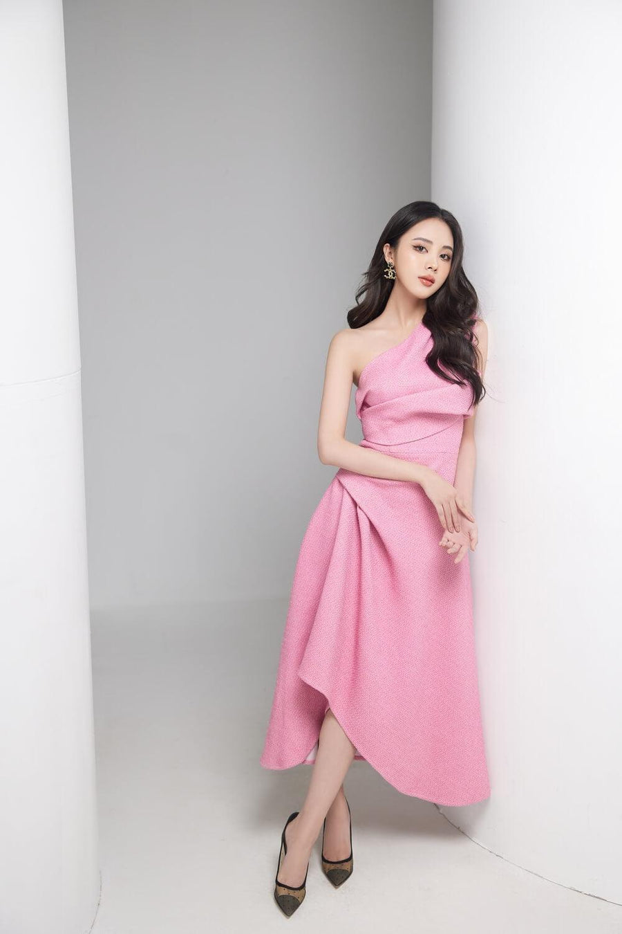 Silvie Asymmetric One Shoulder Tweed Midi Dress Midi Dress Darling Diva