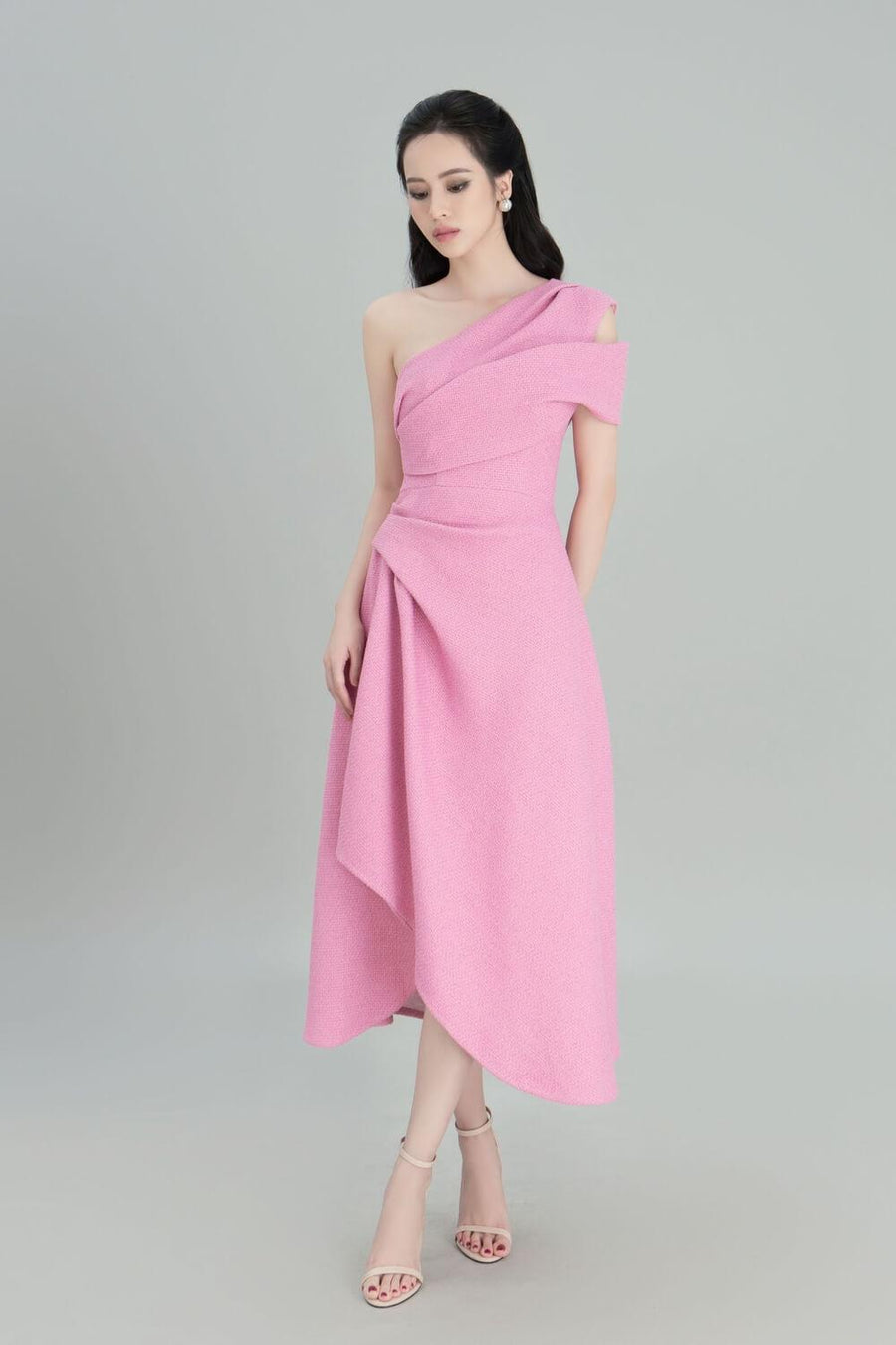 Silvie Asymmetric One Shoulder Tweed Midi Dress Pink Midi Dress Darling Diva
