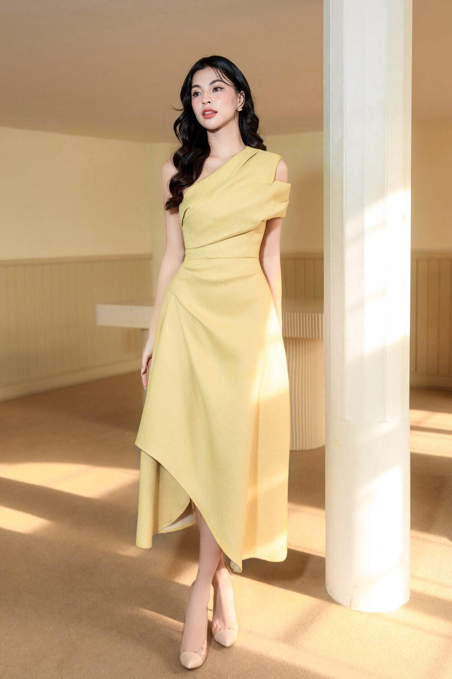 Silvie Asymmetric One Shoulder Tweed Midi Dress Yellow Midi Dress Darling Diva