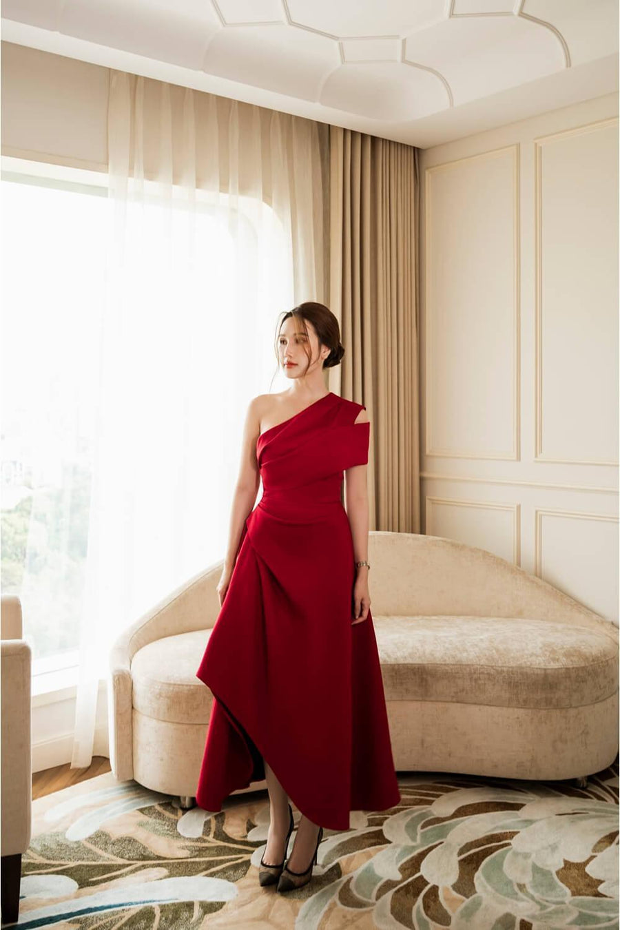 Silvie Asymmetric One Shoulder Tweed Midi Dress Red Midi Dress Darling Diva