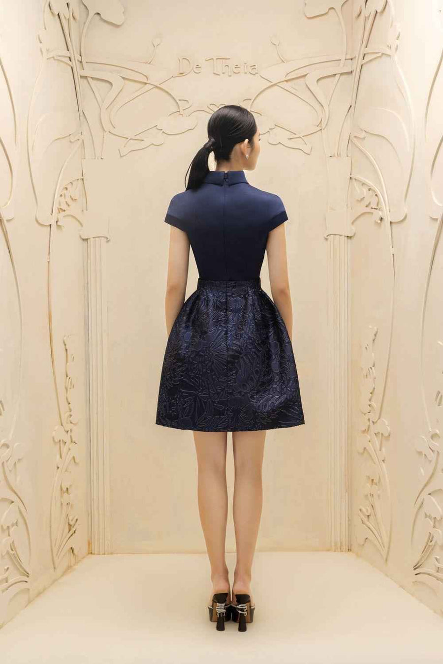Simone A-line Collared Neck Brocade Mini Dress