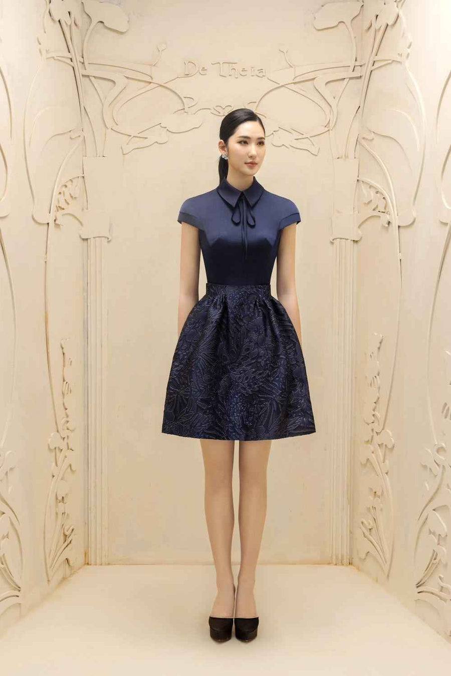 Simone A-line Collared Neck Brocade Mini Dress