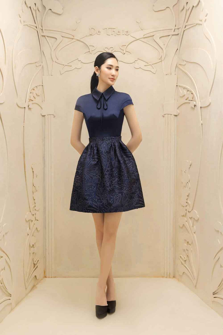 Simone A-line Collared Neck Brocade Mini Dress