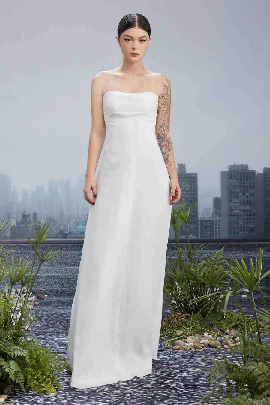 Snow Crash Strapless Semi-Heart Neck Silk Polyester Floor Length Dress