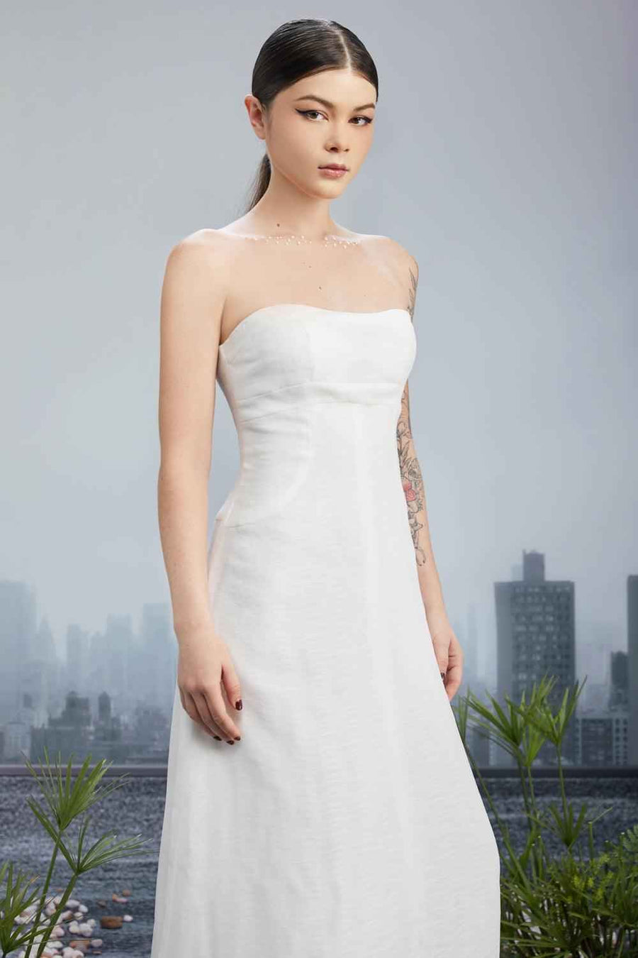 Snow Crash Strapless Semi-Heart Neck Silk Polyester Floor Length Dress