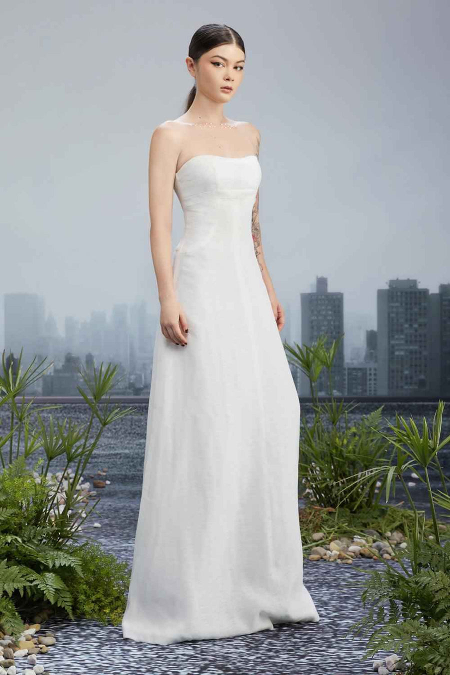 Snow Crash Strapless Semi-Heart Neck Silk Polyester Floor Length Dress