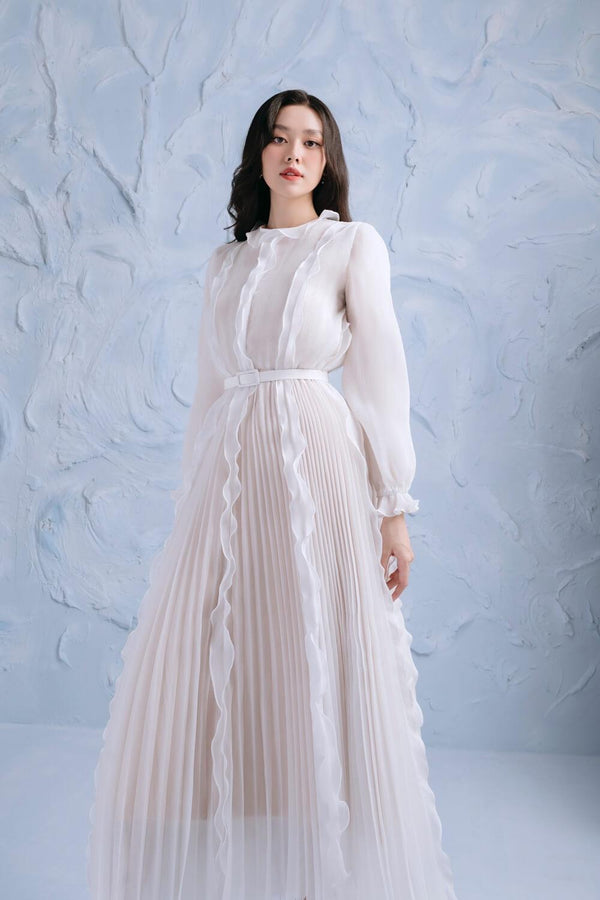 Snowny Flared Pleated Organza Midi Dress