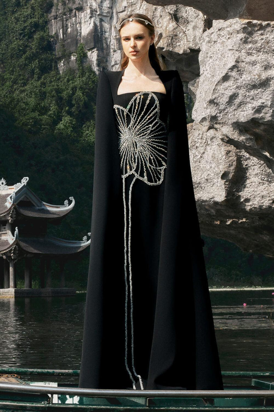 Sojourn Cape Queen Anne Neck Velvet Floor Length Dress 1