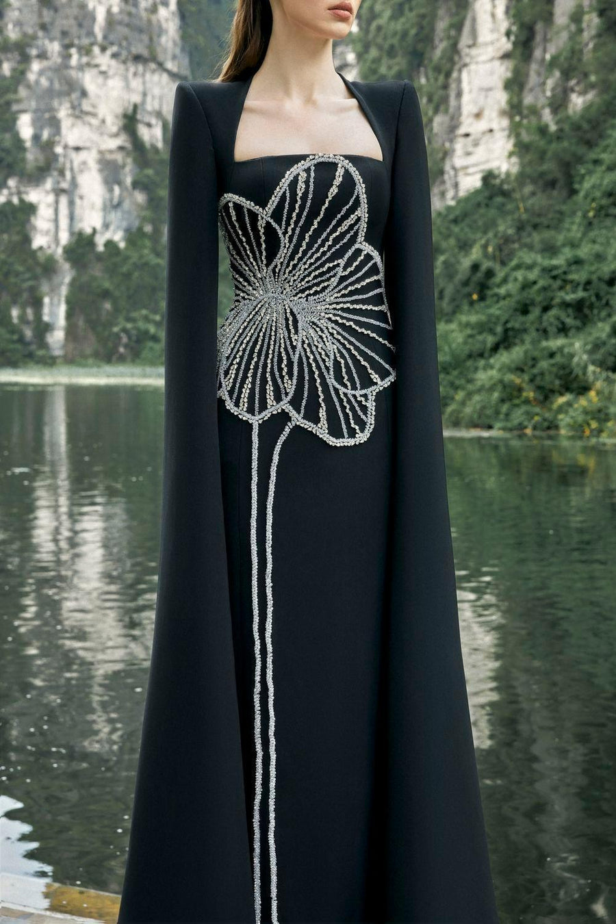 Sojourn Cape Queen Anne Neck Velvet Floor Length Dress 2