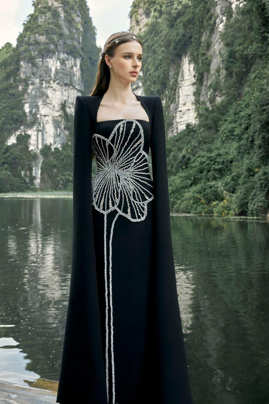 Sojourn Cape Queen Anne Neck Velvet Floor Length Dress 3