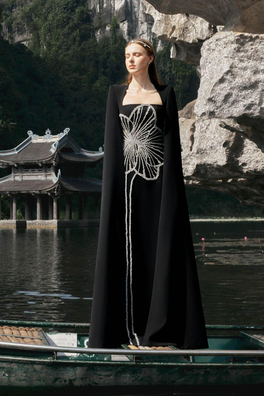 Sojourn Cape Queen Anne Neck Velvet Floor Length Dress 4