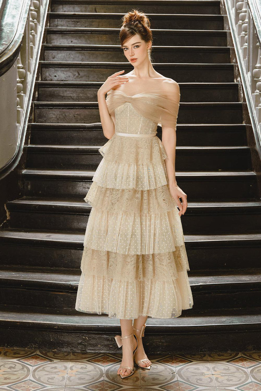 Solara Layered Off-Shoulder Tulle Ankle Length Dress Maxi Dress Calista de Minh Thanh