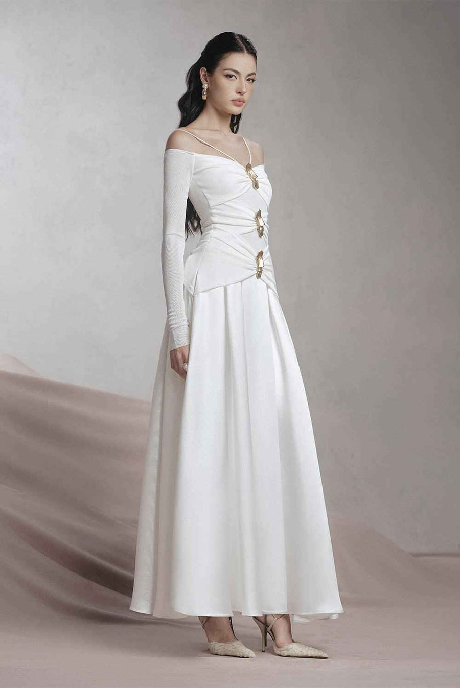 Soler A-line Cold Shoulder Sleeved Spandex Taffeta Maxi Dress Maxi Dress LaLING