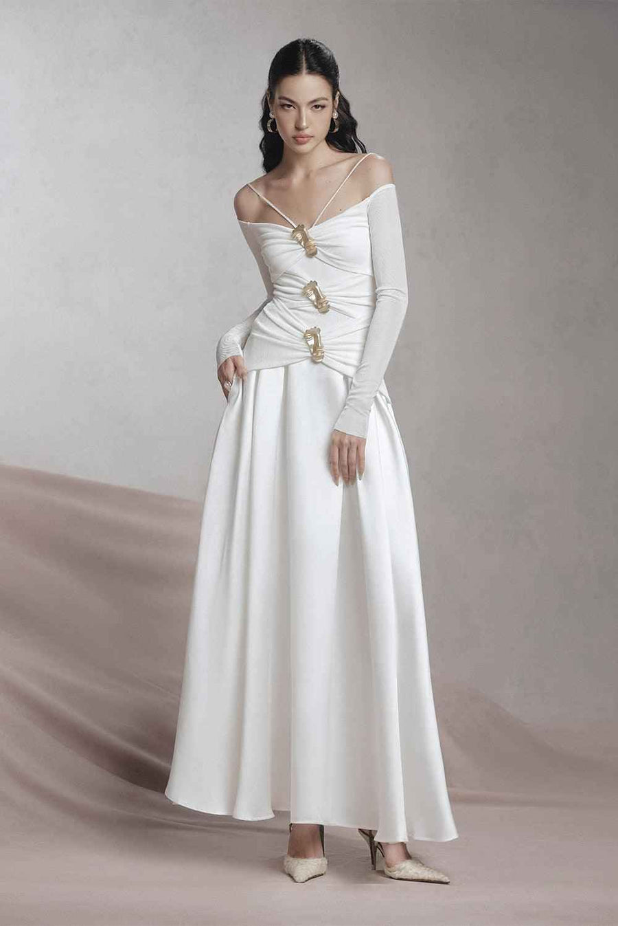 Soler A-line Cold Shoulder Sleeved Spandex Taffeta Maxi Dress Maxi Dress LaLING